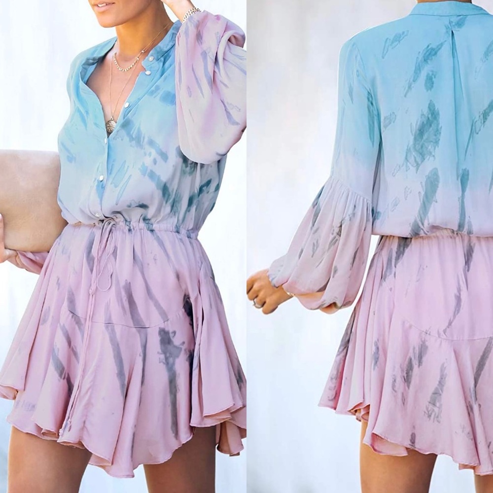 Tie-Dye Ruffle Hem Mini Shirtdress